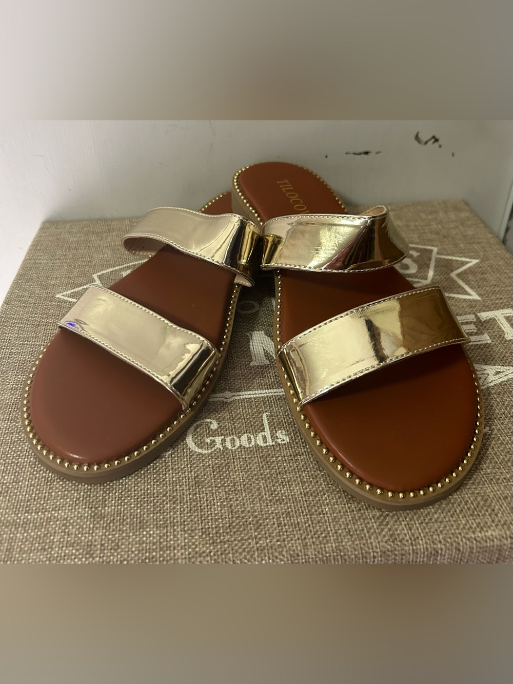 Tilocow Gold Double Strap Slide Sandals for Women